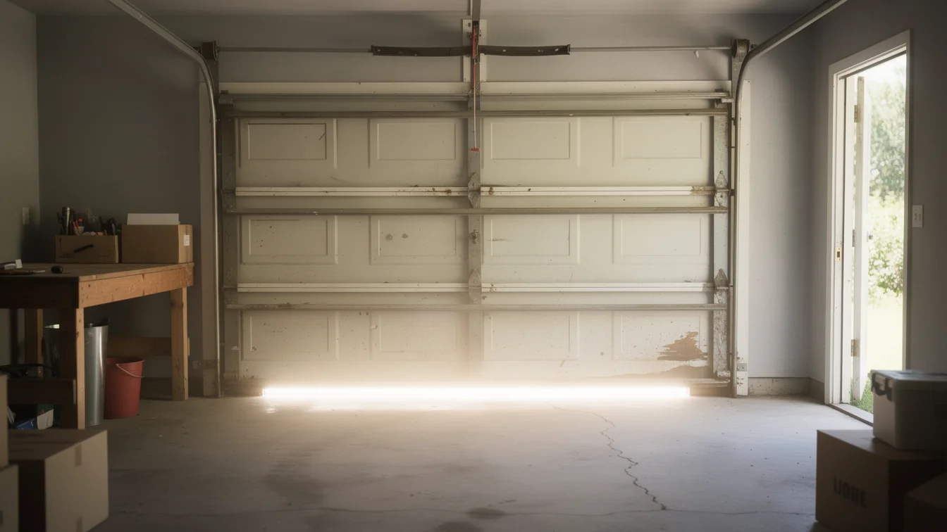 The garage door is partially open, showing light coming from outside.