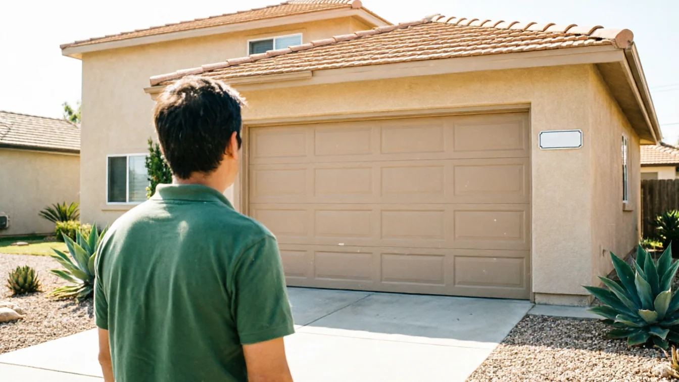 A technician in a green shirt stands facing a tan garage door on a house.