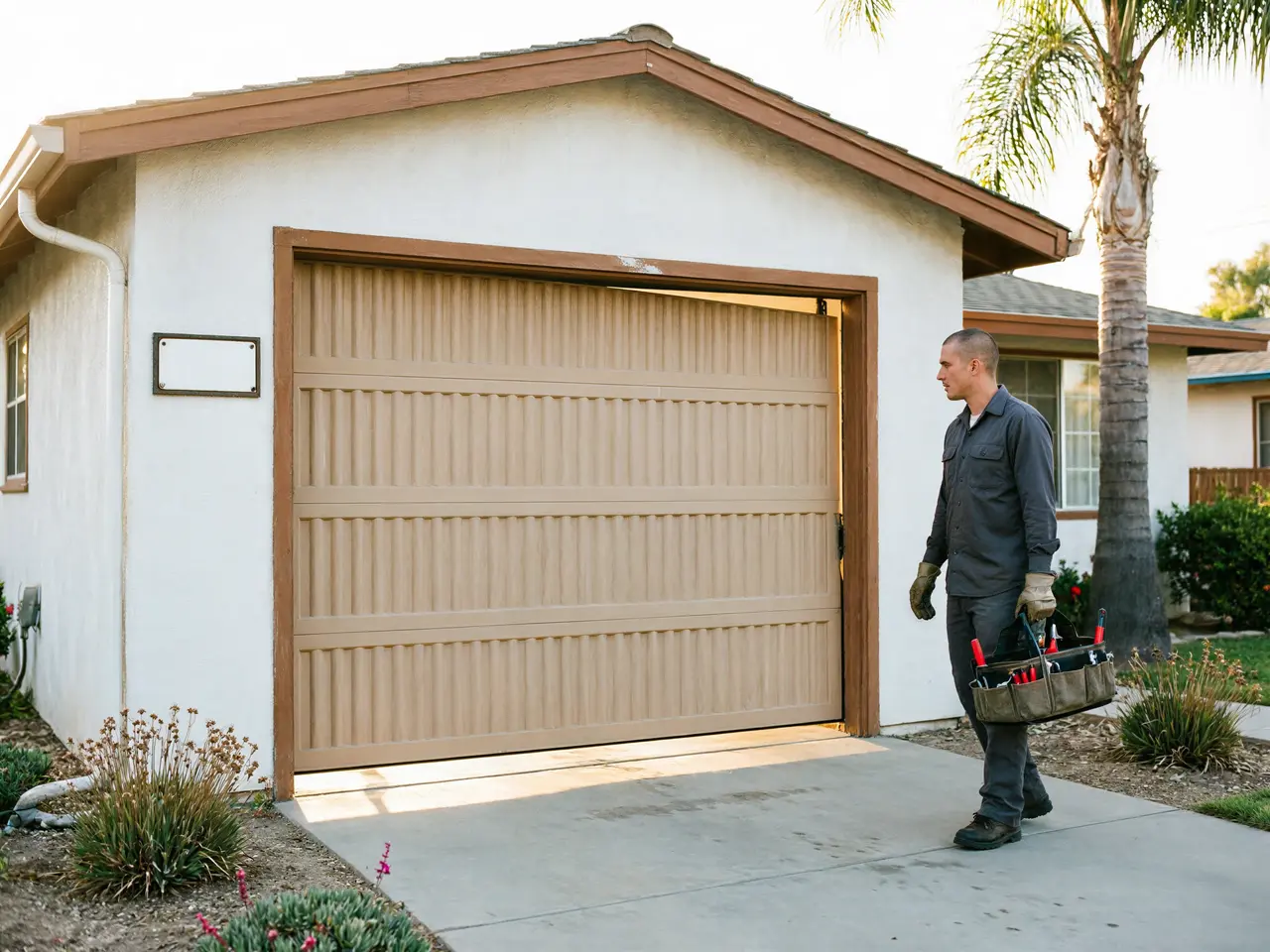 A technician walks toward a garage with a partially open garage door.