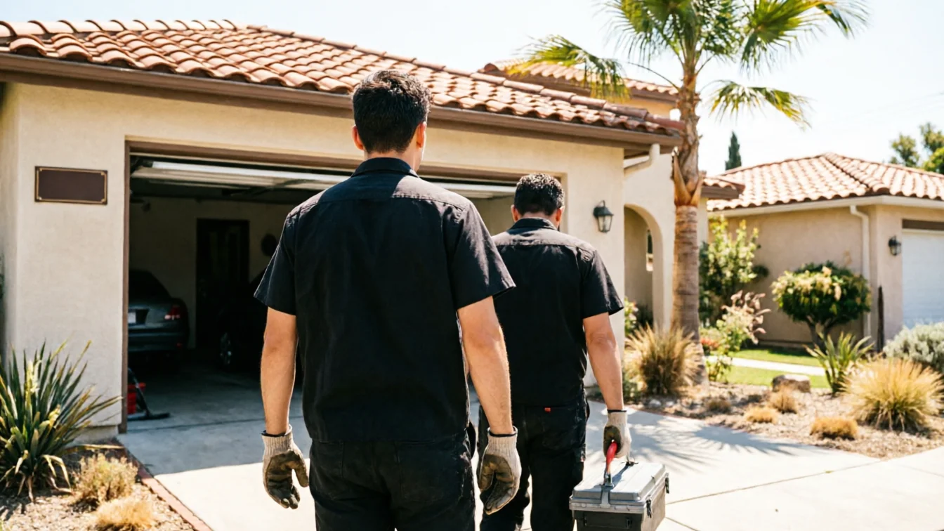 Two technicians walk toward a house with an open garage door.