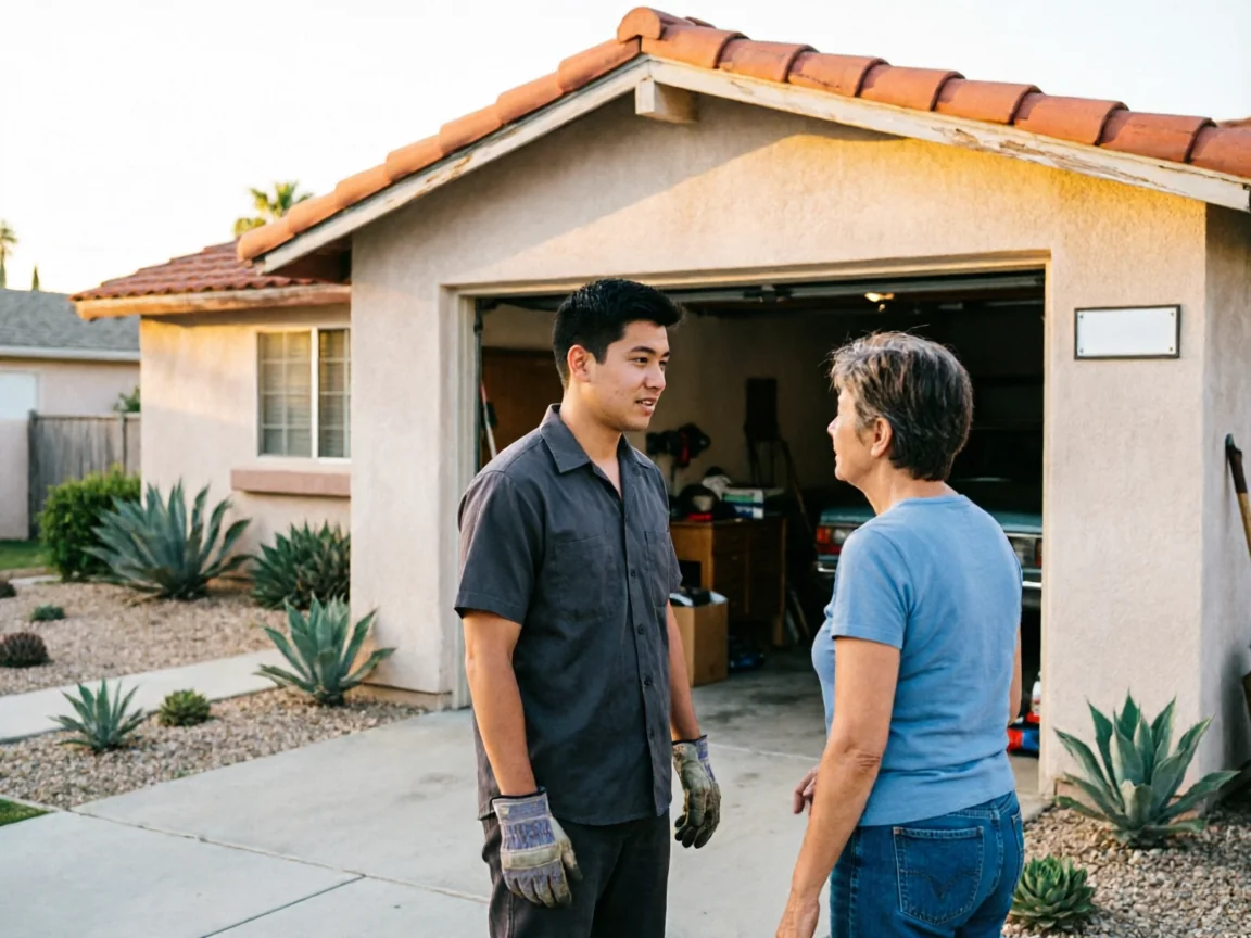 A technician talks to a woman in front of a garage with an open door.