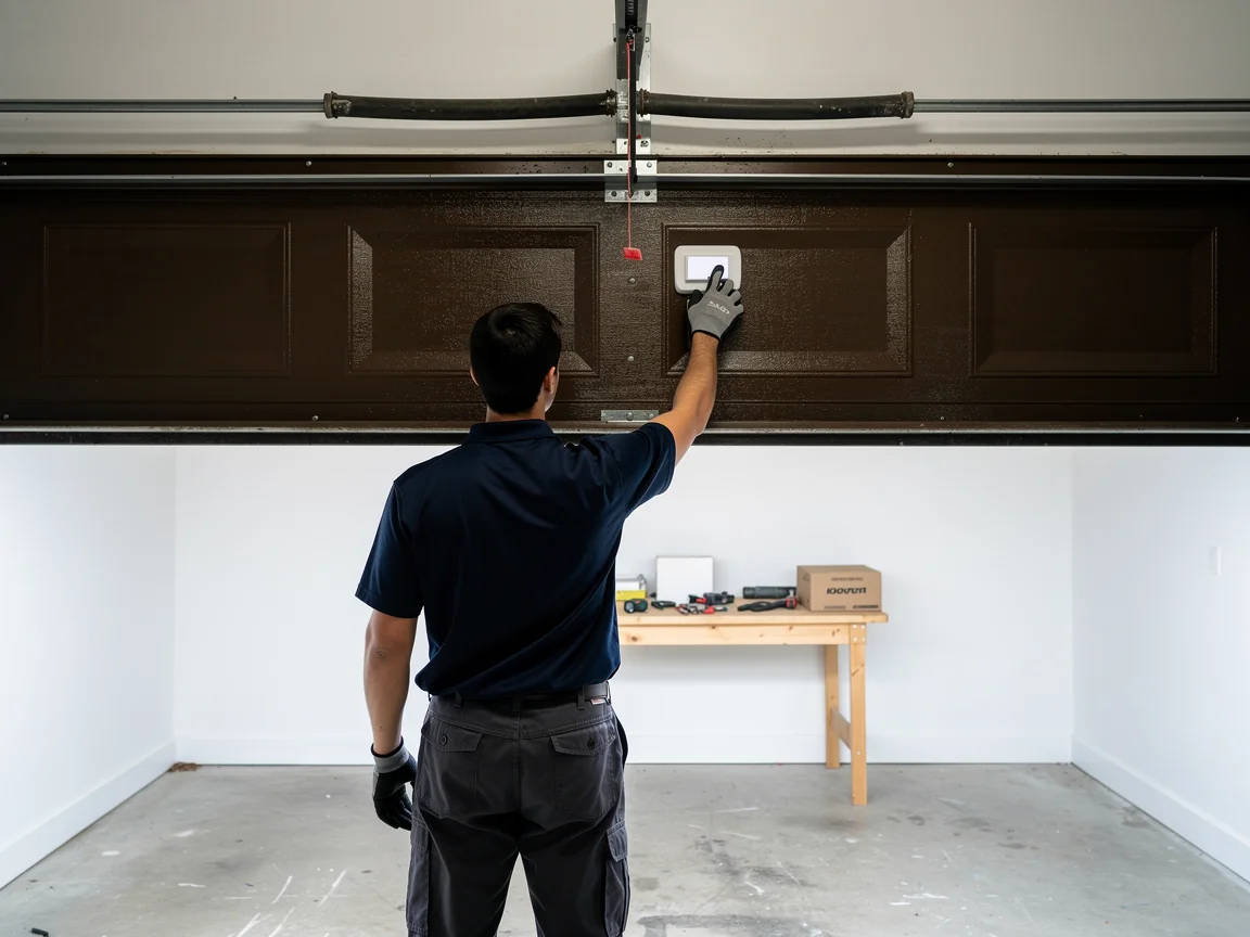 A technician adjusts a control panel on a brown garage door.