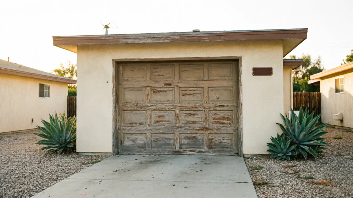 The garage door is old, weathered, and peeling, with two agave plants in front.