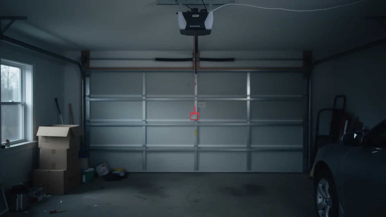 A garage door opener is mounted above a closed garage door.