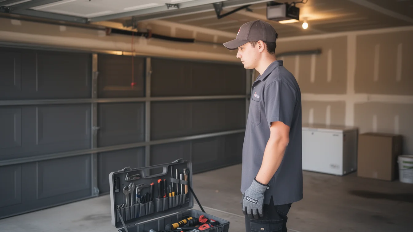 A technician stands in a garage with an open toolbox and a gray garage door.