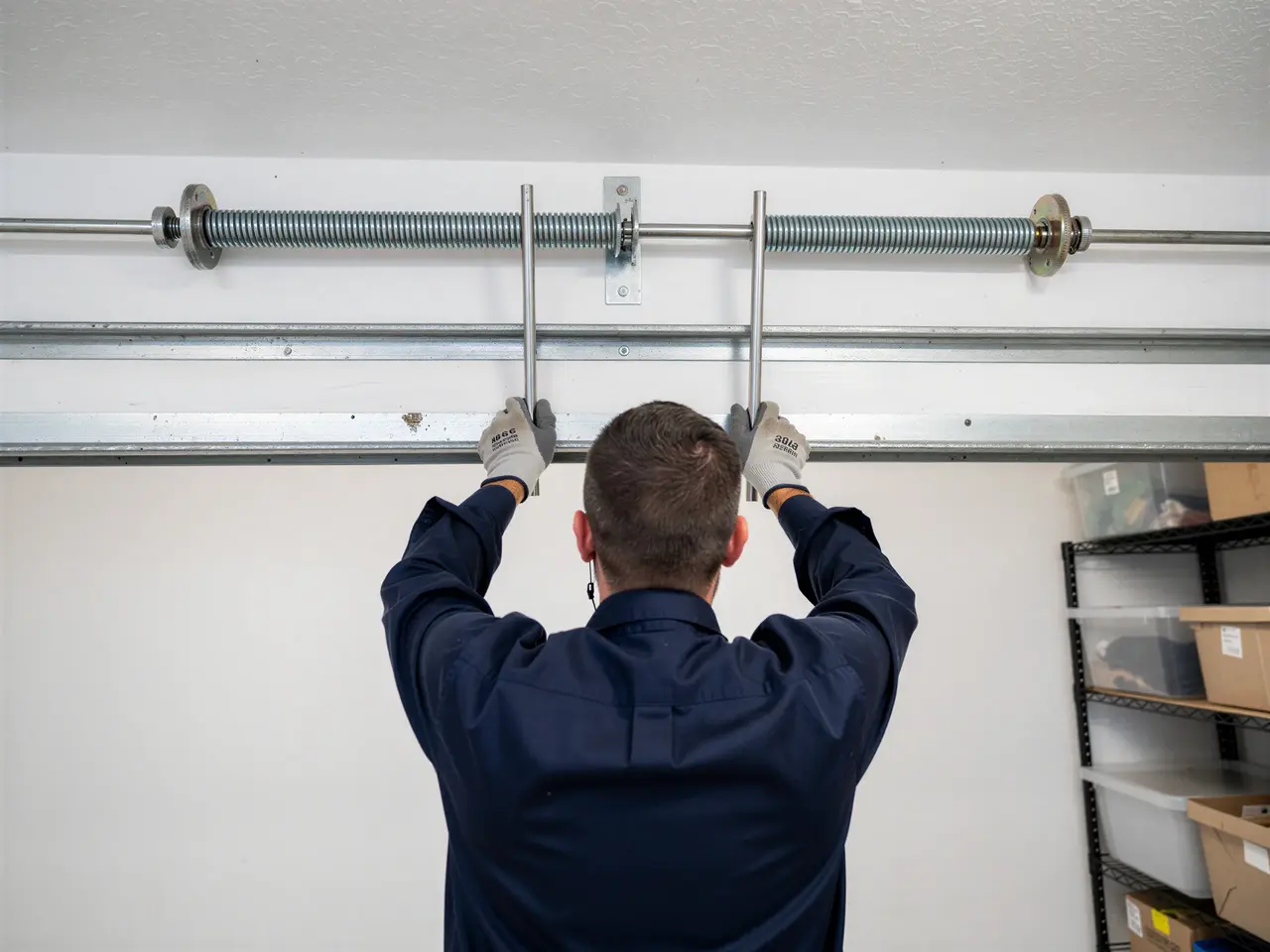 A technician adjusts a garage door torsion spring with two winding bars.