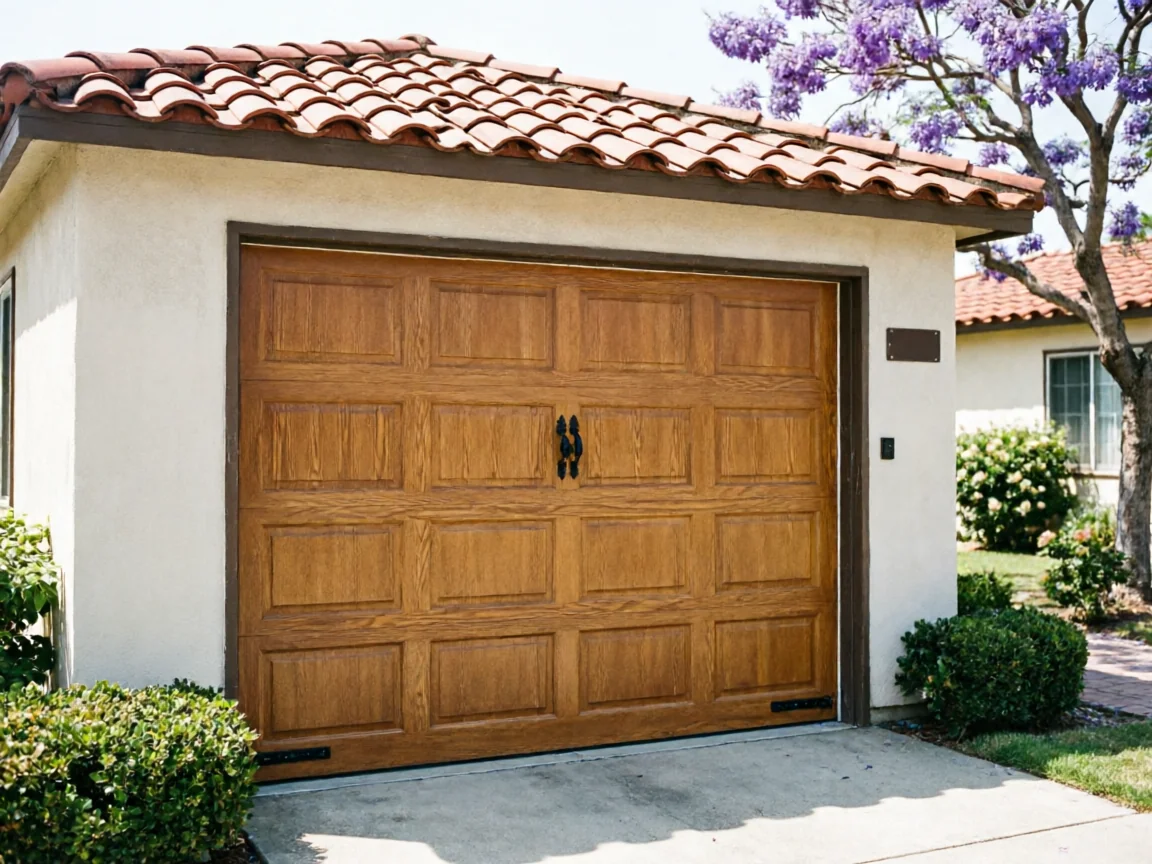A brown wooden garage door with decorative black hardware is on a stucco garage.